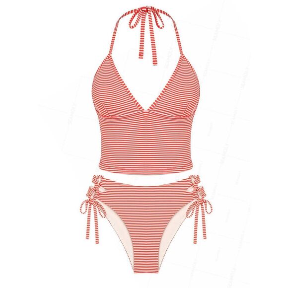 SEAMOLLY STRIPED HALTER TIED TANK TOP & LACE UP SIDE HIPSTER BOTTOM TANKINI SET - Picture 1 of 4
